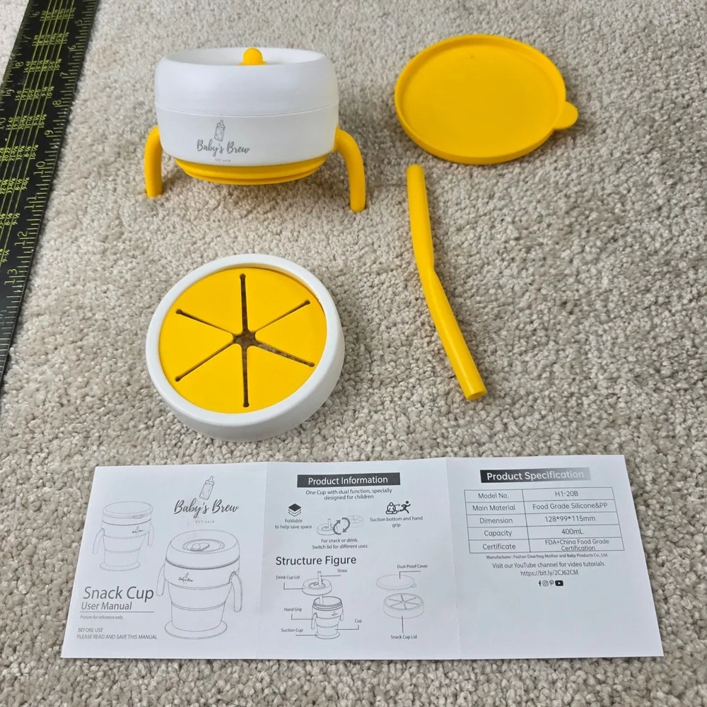 Baby's Brew 2 in 1 Snack Bowl + Cup Yellow Collapsible Silicone Suction Bottom